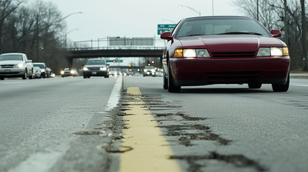 Car on the road with a pothole in the middle.の素材