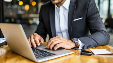 Cropped image of businessman using laptop while sitting at table in cafeの素材