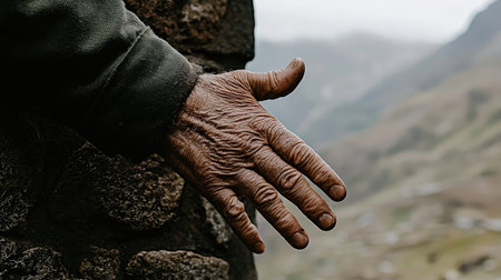 Hands of an old man in a black jacket on the background of mountainsの素材