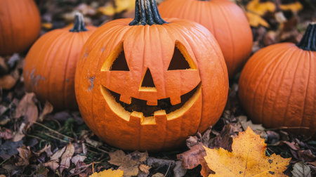 Halloween pumpkins with carved faces and autumn leaves on the groundの素材