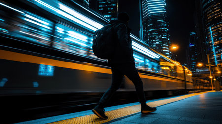 Silhouette of a man with a backpack on his back walking in the city at nightの素材