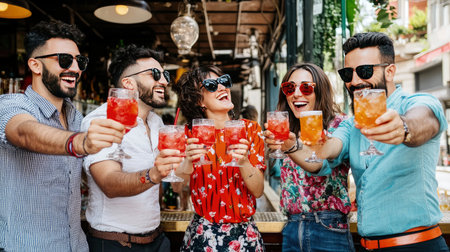 Group of friends having fun and drinking cocktails on a rooftop party.の素材