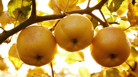 Yellow apples on a branch in the autumn garden, close-upの素材