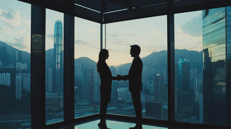 Businessman and businesswoman shaking hands in modern office. Mixed mediaの素材