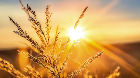 Grass flower in the sun at sunset. Nature background with copy space.の素材