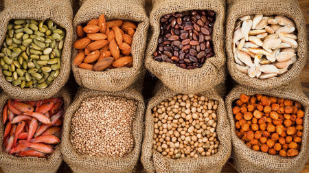 Different kinds of beans and legumes in burlap bags on wooden backgroundの素材