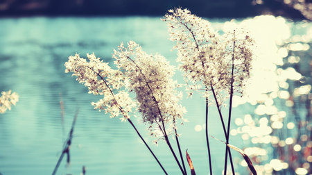 Flowering reeds on the shore of the lake. Toned.の素材
