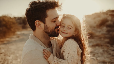 Cute little girl and her handsome young dad hugging and kissing at sunsetの素材