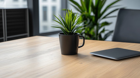 Black coffee cup on wooden table with laptop and green plant in officeの素材