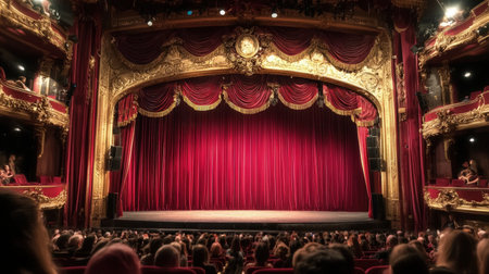 theater stage with red curtain and audience in the background, night sceneの素材