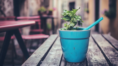 Mint leaves in a blue cup on a wooden table in a cafeの素材