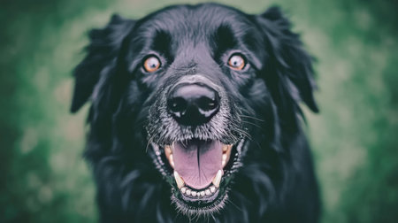 Portrait of a happy black dog with open mouth and tongue outの素材