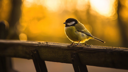Great tit (Parus major) sitting on a wooden fence at sunsetの素材