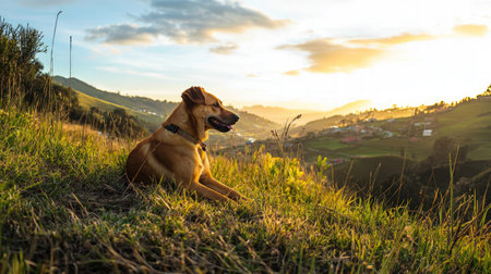 Dog sitting on the hill at sunset in the morning. Selective focus.の素材