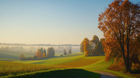 Autumn landscape with a road and trees in the morning mist.の素材