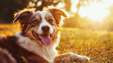 Portrait of border collie dog lying on the grass at sunsetの素材