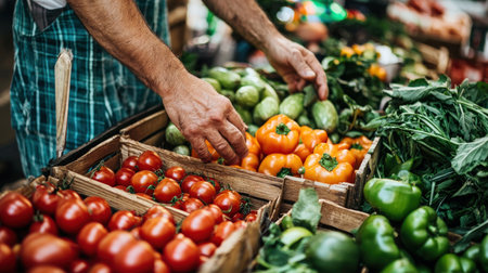cropped view of man choosing vegetableset counter in local marketの素材