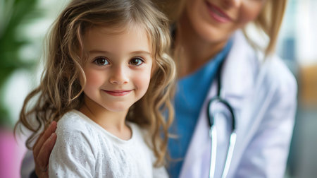 Little girl with a stethoscope at the doctor's office.の素材