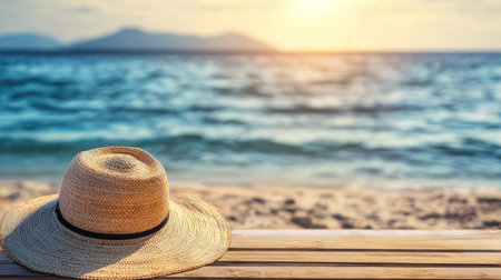 Straw hat on wooden table with sea and mountain view background.の素材