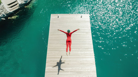 Aerial view of a young woman in red swimsuit jumping into the sea from the pierの素材