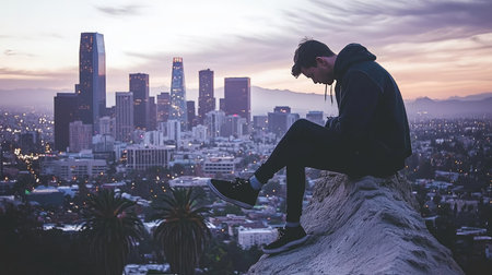 Young man sitting on the top of a rock and looking at the city at sunsetの素材