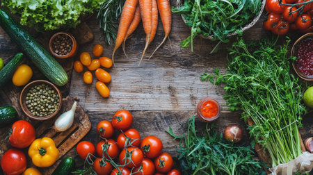 Fresh organic vegetables on wooden background, top view, copy space.の素材