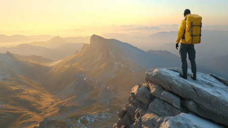 Hiker on top of the mountain at sunrise. 3d renderの素材