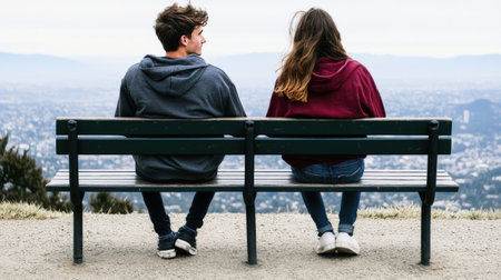 Couple sitting on a bench looking at the city in the backgroundの素材