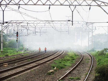 Railway Line in Fogの写真素材