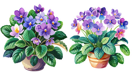 Streptocarpus Saintpaulia Watercolor floral arrangements with beautiful African Violet flower, on a white background Design for Card poster bannerのイラスト素材
