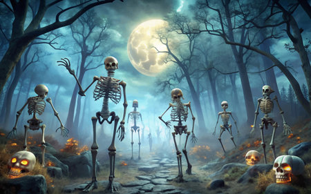 Halloween - Skeletons In Spooky Forest At Moonlight, Halloween party landscape backgroundの写真素材