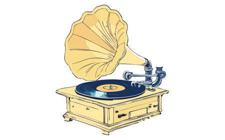 Gramophone playing a record, line art vector illustrationのイラスト素材
