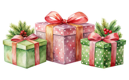 watercolor Christmas gift box Set isolated from backgroundのイラスト素材