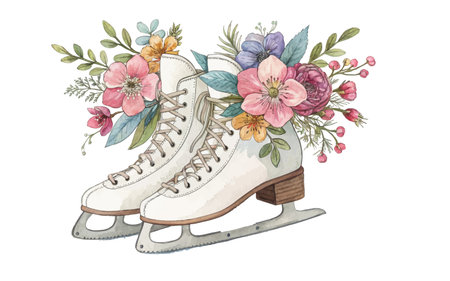 Hand drawn watercolor figure skating boots with flower compositions backgroundのイラスト素材