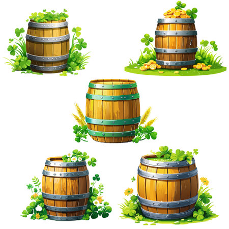 St. Patrick's Day set with wooden barrels and clover leaves isolated vector illustrationのイラスト素材