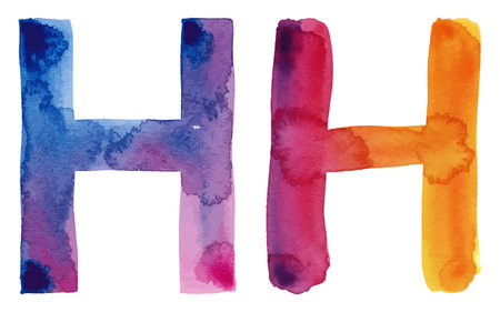 H letter watercolor painted on white background. Hand drawn vector illustration.のイラスト素材