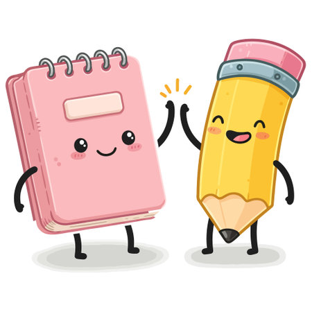 Happy Notebook and Pencil High Five Cute School Supplies Illustrationのイラスト素材