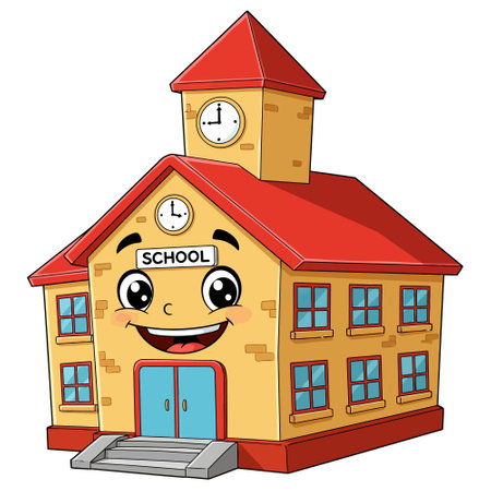 Cartoon School Building with Face, Smiling Schoolhouse Cartoonのイラスト素材