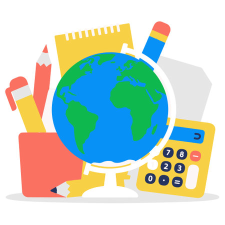 Education and Learning Still Life, Globe, Calculator, and Stationery Artのイラスト素材