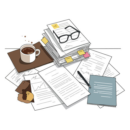 cluttered desk, messy workspace, paperwork, office, desk, papers, coffee, glasses, disorganized, busy, stress, work, documents, illustration, vector, overload, deadline, untidy, chaos, job, workplace, studying, writing, notes, research;のイラスト素材