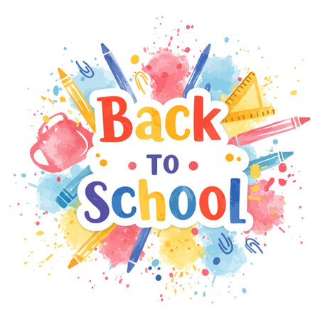 Back to School Watercolor Illustration, School Supplies with "Back to School" Textのイラスト素材