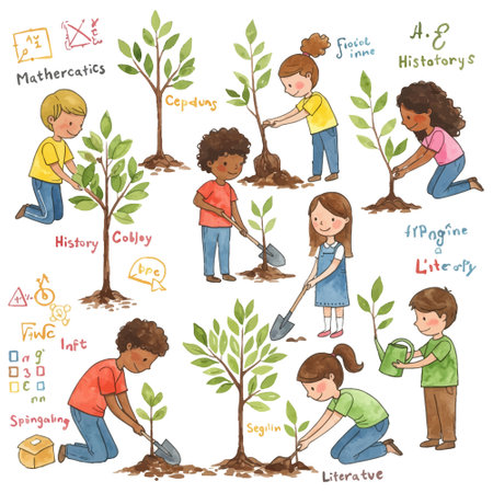 Kids Learning Math, Science, History, and Literature by Planting Treesのイラスト素材