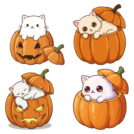 Collection of Cute Cats Inside Carved Halloween Pumpkinsのイラスト素材