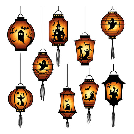 Halloween Lantern Set, Ghost and Haunted House Lanternsのイラスト素材