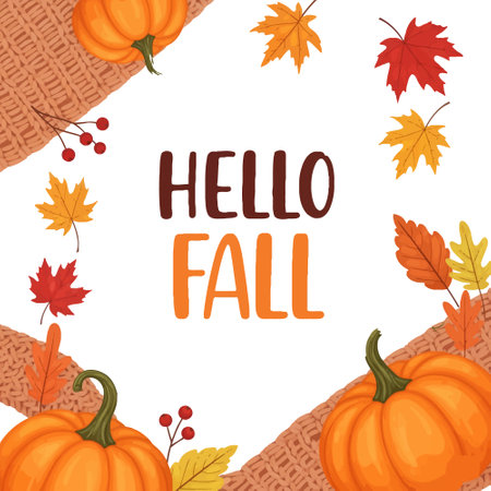 Hello Fall Frame: Pumpkins, Leaves, and Knit Borderのイラスト素材
