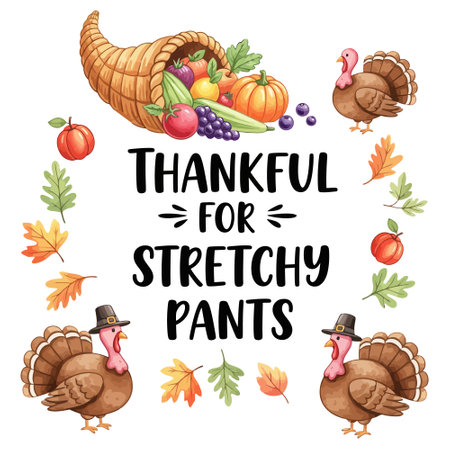 Festive Autumn Illustration Thankful and Comfortable, Watercolor Thanksgiving Turkeys and Cornucopiaのイラスト素材