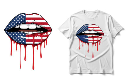 Lips with USA flag painted on t-shirt. Vector illustration.のイラスト素材