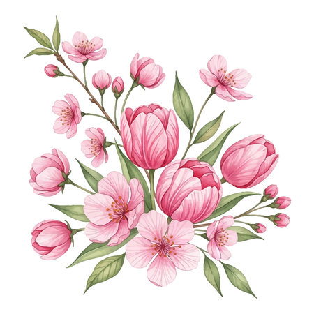 Hand drawn watercolor cherry blossom bouquet. Vector illustration.のイラスト素材