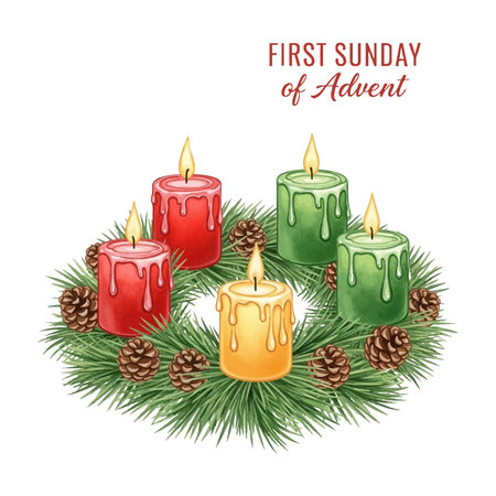 Watercolor Christmas wreath with candles, pine cones and fir branchesのイラスト素材