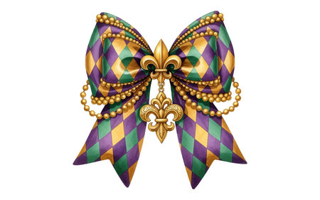 Mardi Gras Diamond Pattern Bow with Golden Fleur-de-Lis Charm Vectorのイラスト素材